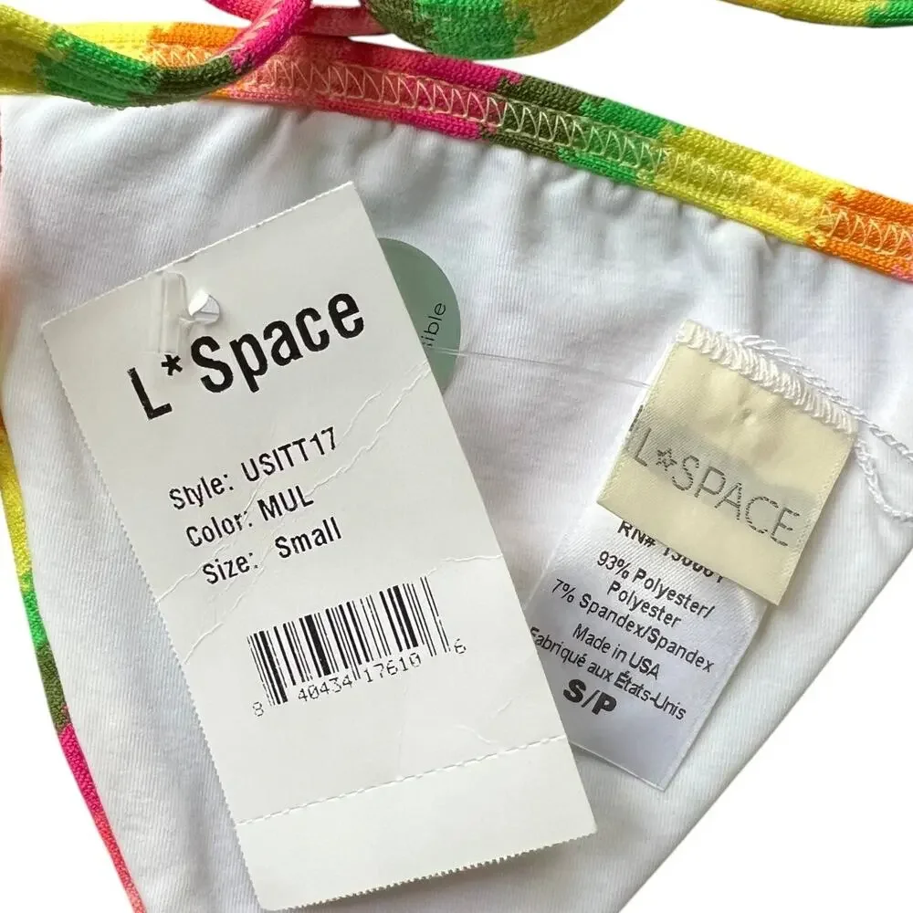 L*Space Lily Striped  Deep V Neckline Full Cut Swim Top Bottom Set, S